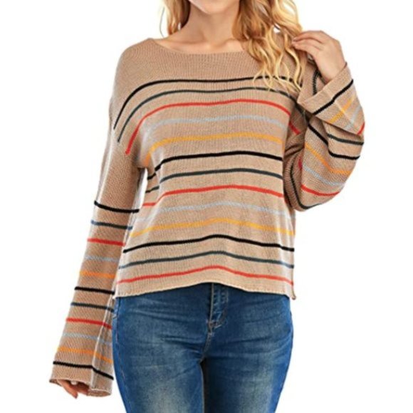 NWT Striped Knit Bell Sleeve Slouchy Sweater Top. - Picture 5 of 6